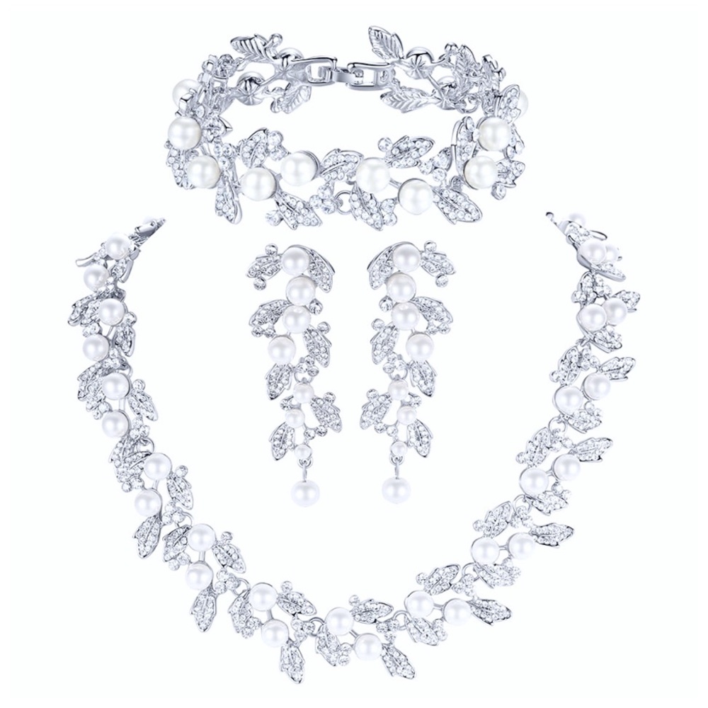 NWT : Mecresh : elegant pearl & diamond floral wedding prom bridal jewelry set